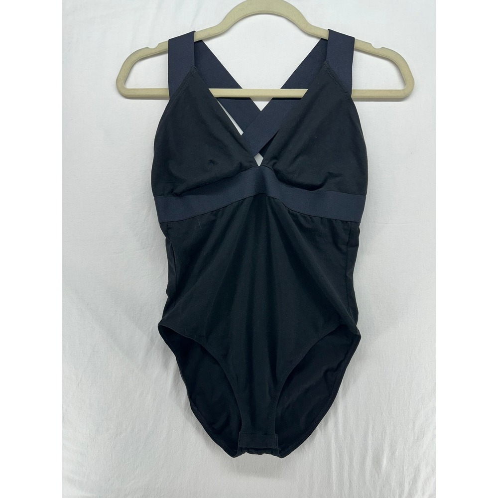 Skin Organic Pima Cotton Bodysuit Black V-Neck Crisscross Back Womens Small NEW